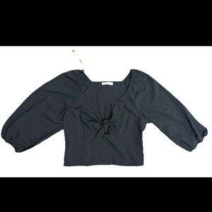 Intempo Front Tie Blouse Womens Size M Black 3/4 Puff Sleeve Scoop Neck (0350)